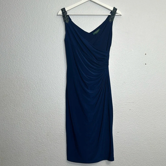 Lauren Ralph Lauren Evening Dress Navy Blue Side Ruched Midi Womens Size 2 - Picture 2 of 13
